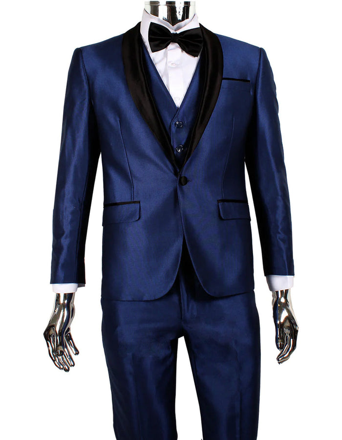 Navy Sharkskin 1 Button Shawl Lapel Vested Tuxedo