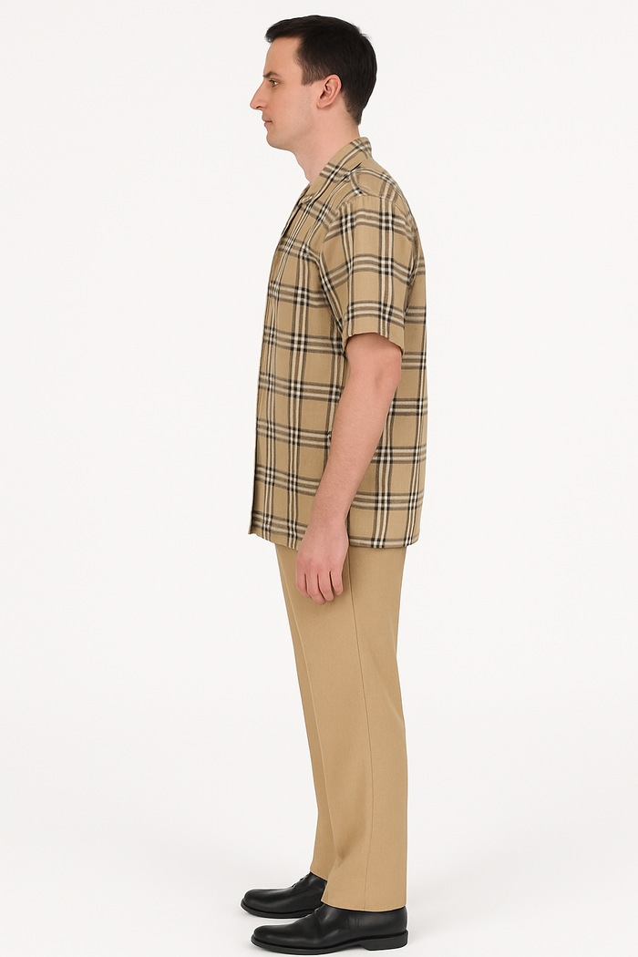 Beige Check Button Shirt - Casual Plaid for Men