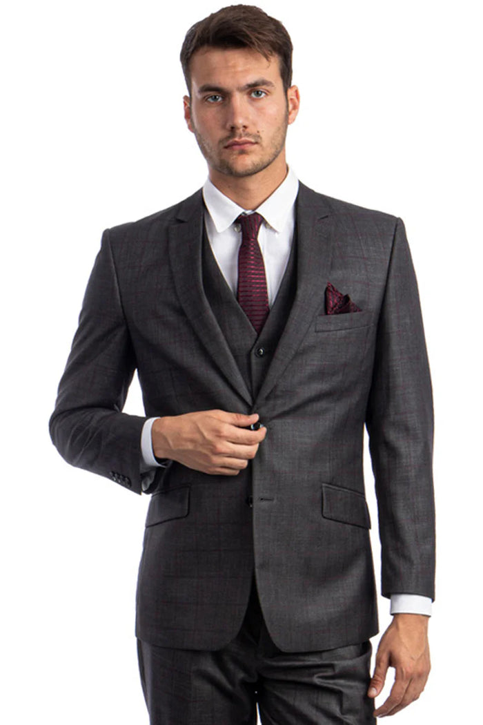 Mens Zegarie Brand Men's 100% Wool Modern Fit Vested Suit in Charcoal Grey & Burgundy Windowpane Plaid