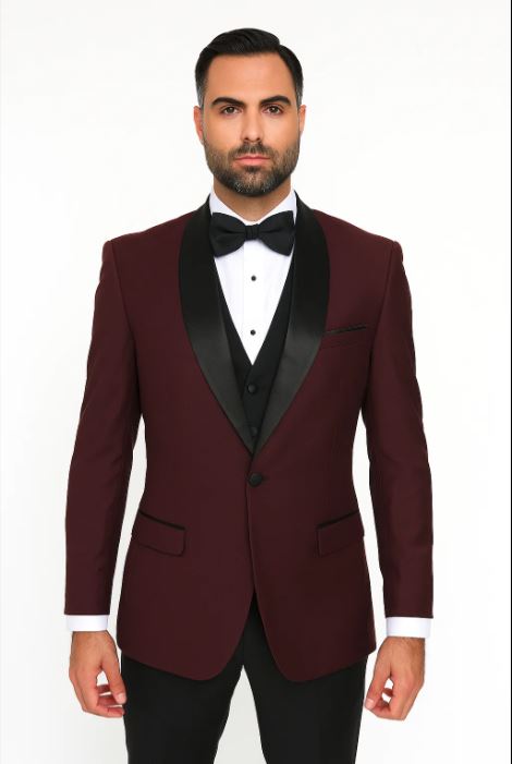 Mens 1 Button Shawl Lapel Wool Dinner  Classic Jacket  Burgundy