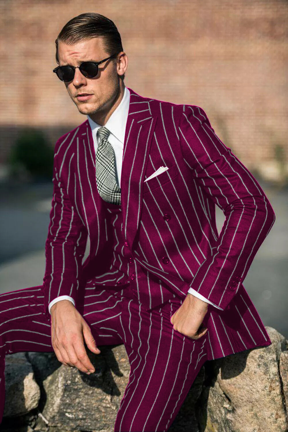 Men’s Two Button Gangster Suit - Black Pinstripe