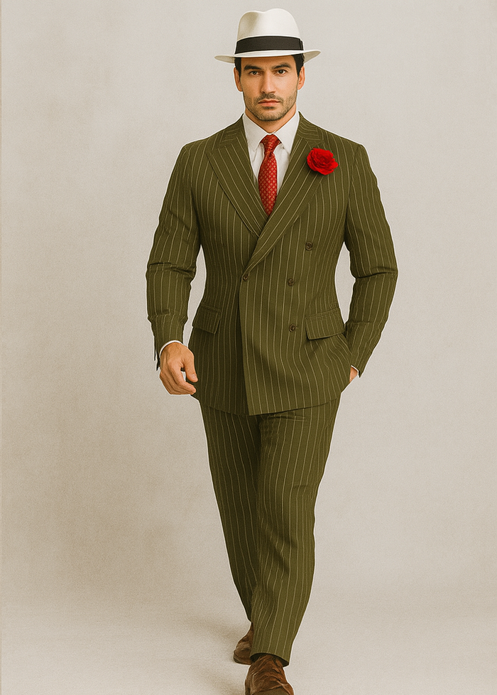Mens Double Breasted Gangster Pinstripe Six Button Suit in Olive