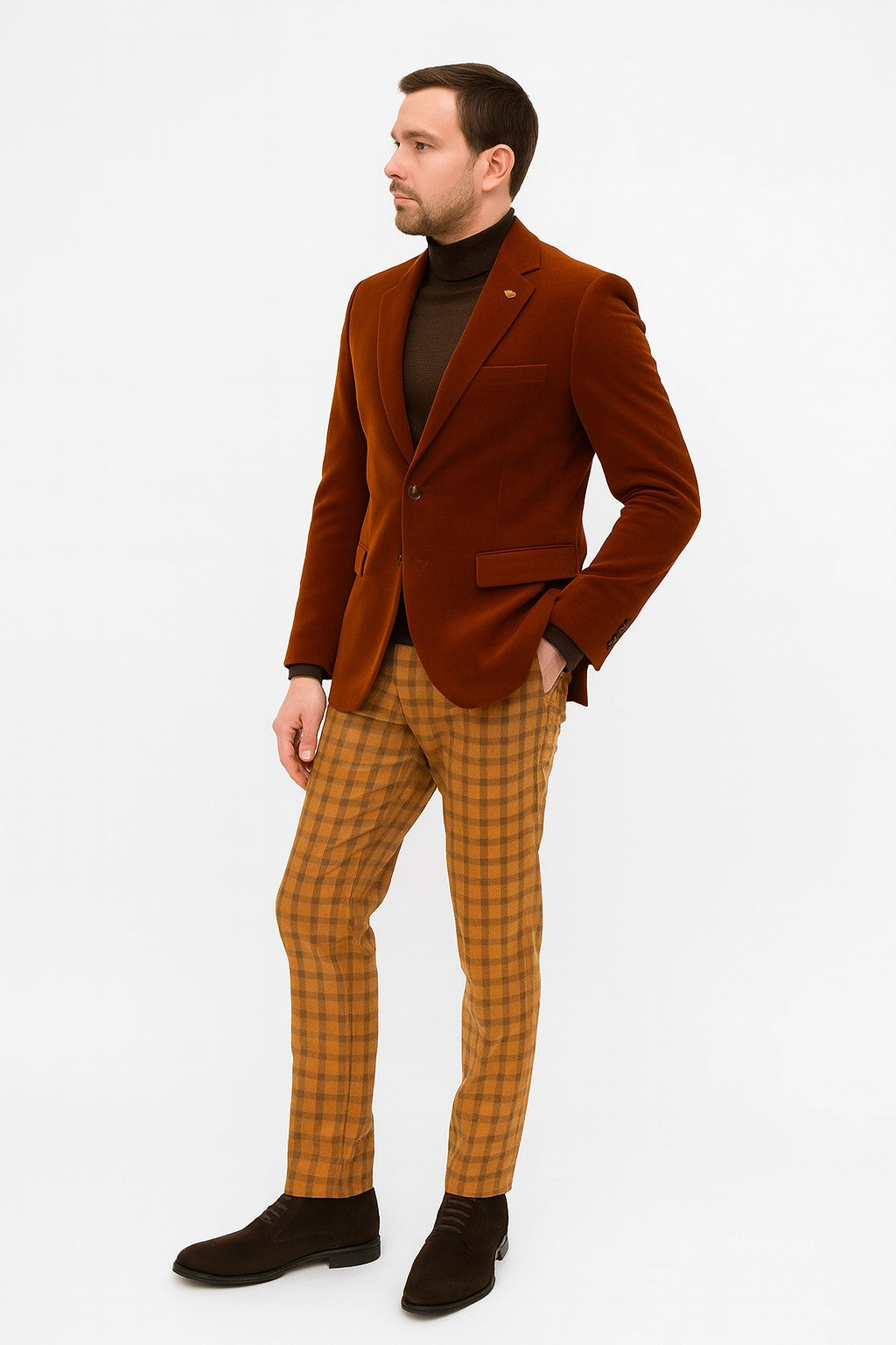 Mens Velvet Jacket Rust Tailored Fit Blazer