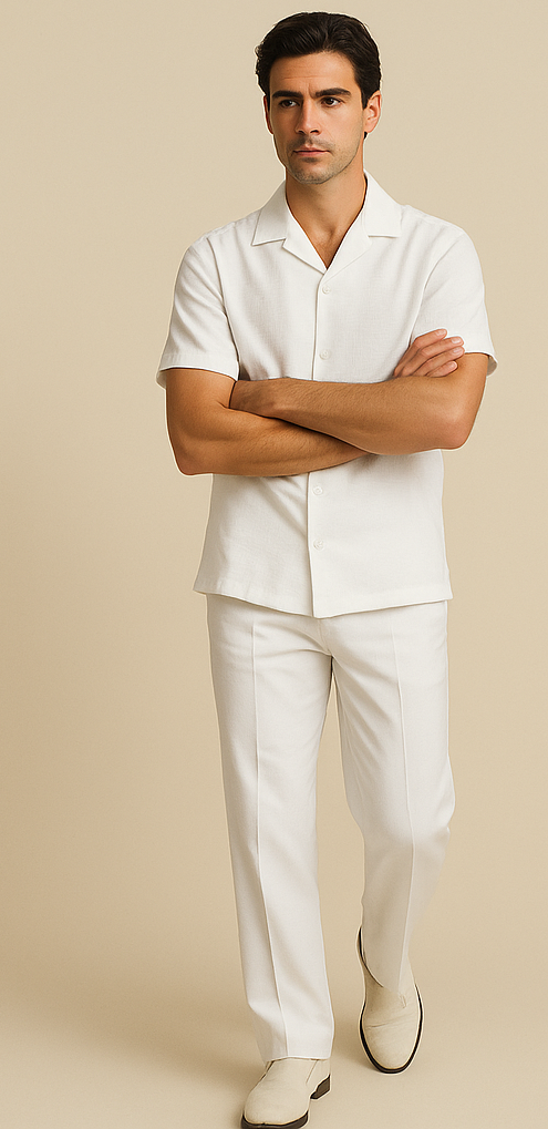 Mens Walking Suit - Casual Shirt and Pants - White