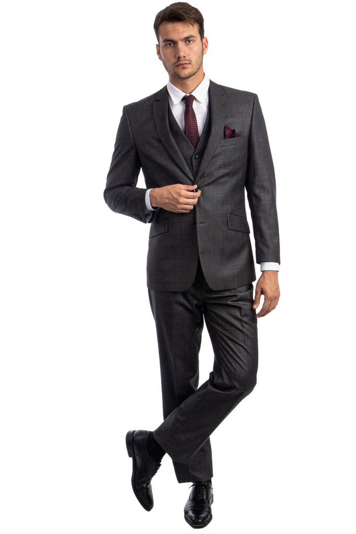 Mens Zegarie Brand Men's 100% Wool Modern Fit Vested Suit in Charcoal Grey & Burgundy Windowpane Plaid