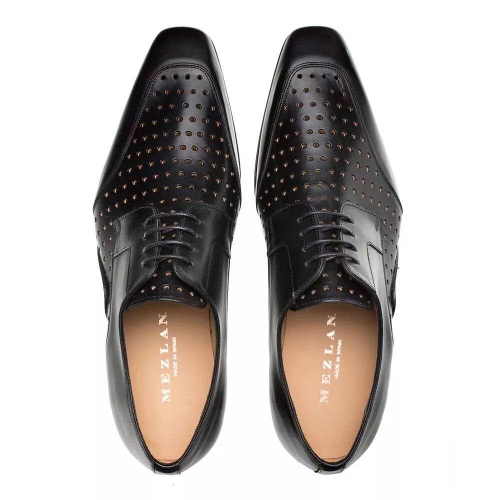 Mezlan Black Calfskin Perforated Derby Shoes