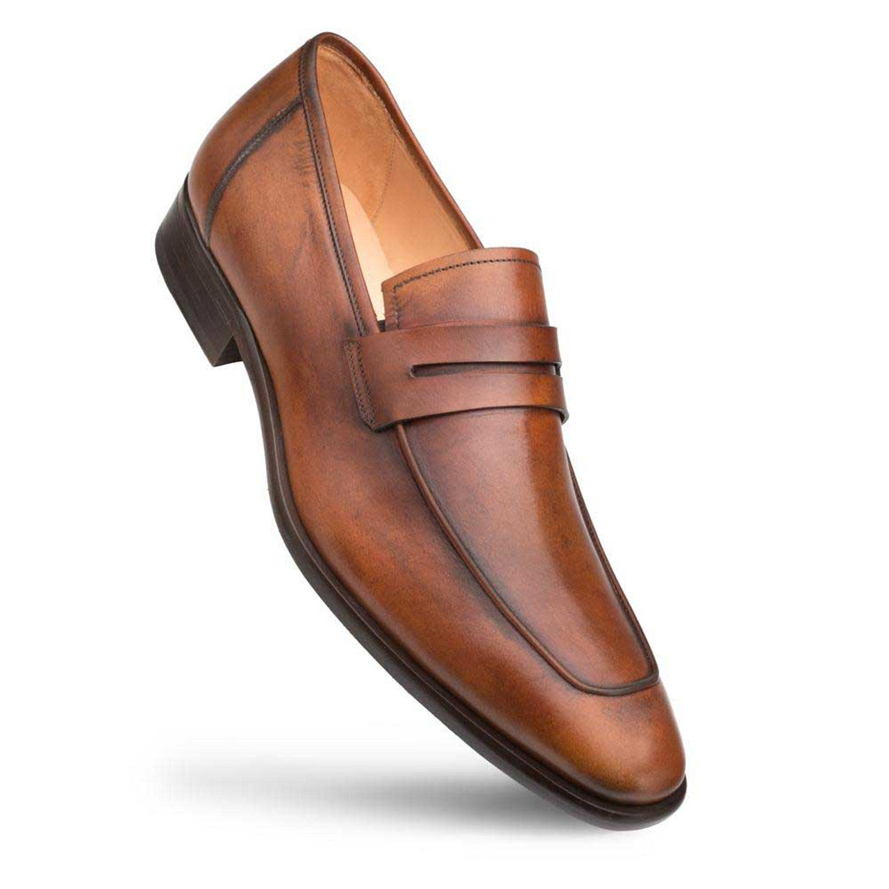 Mezlan Cognac Burnished Calfskin Penny Loafer Shoes