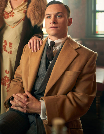 Michael Gray Pinstripe Suit & Camel Overcoat Set