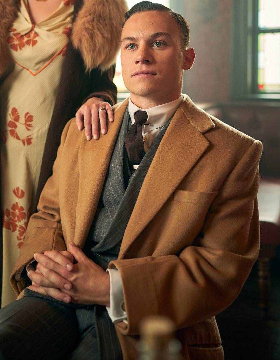 Michael Gray Pinstripe Suit & Camel Overcoat Set