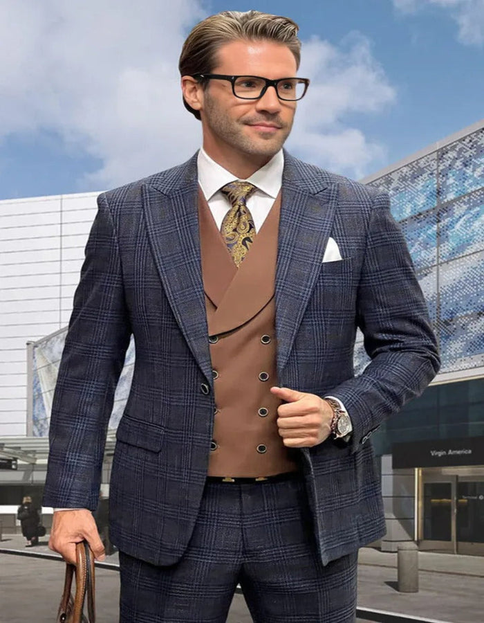 Midnight Blue Glen Plaid Wool Vested Suit