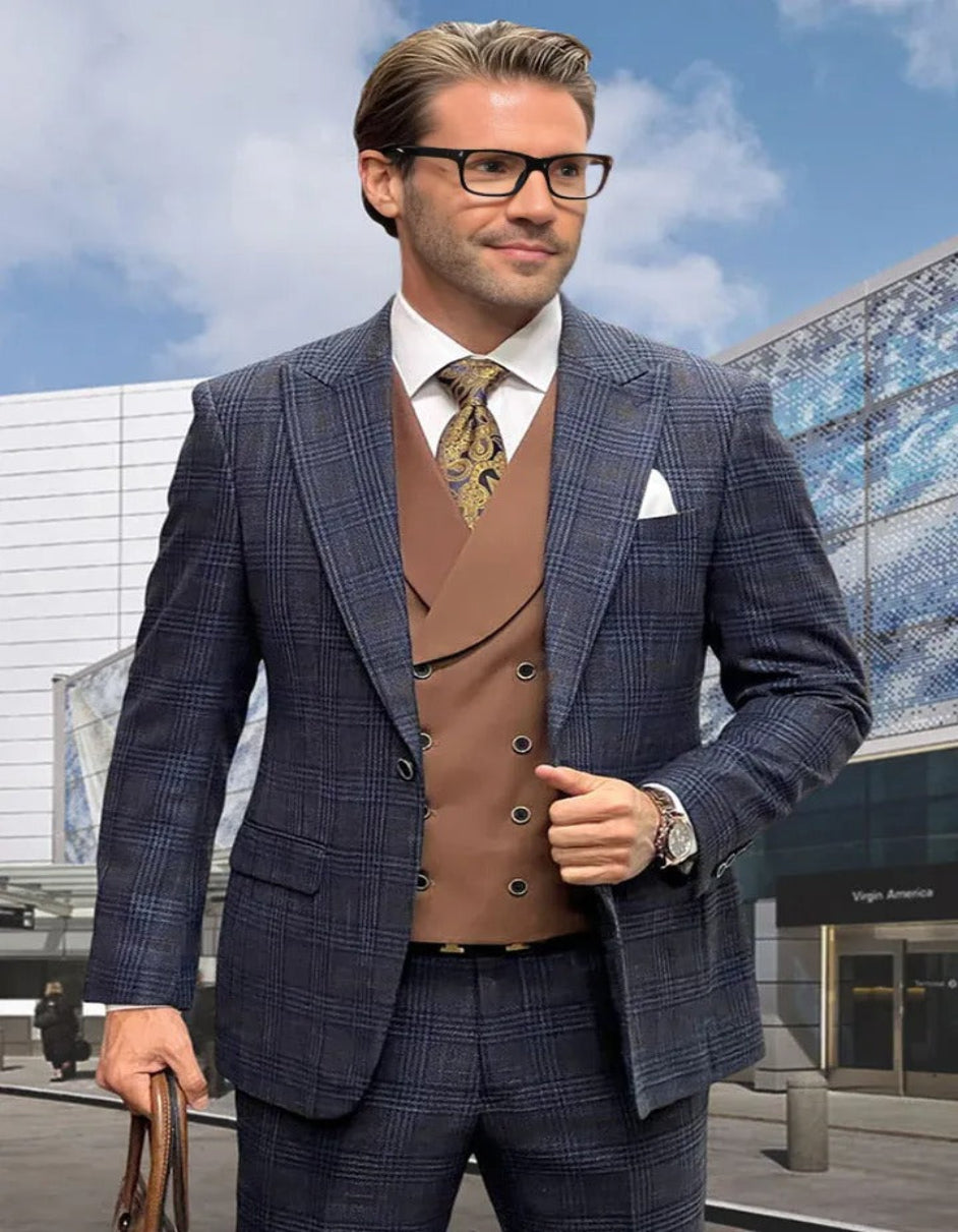 Midnight Blue Glen Plaid Wool Vested Suit