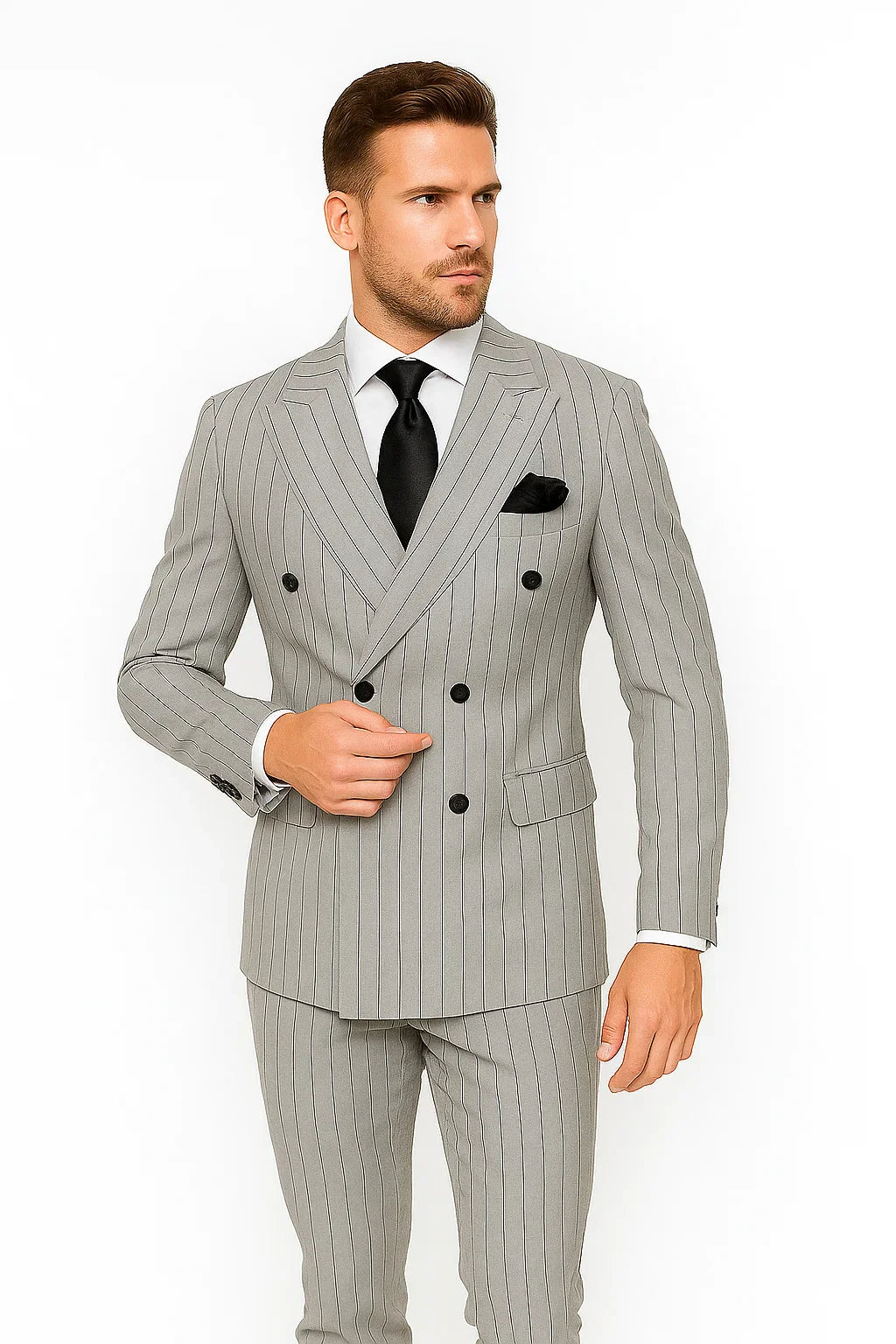 Gray and Black Pinstripe Modern Double Breasted Suit