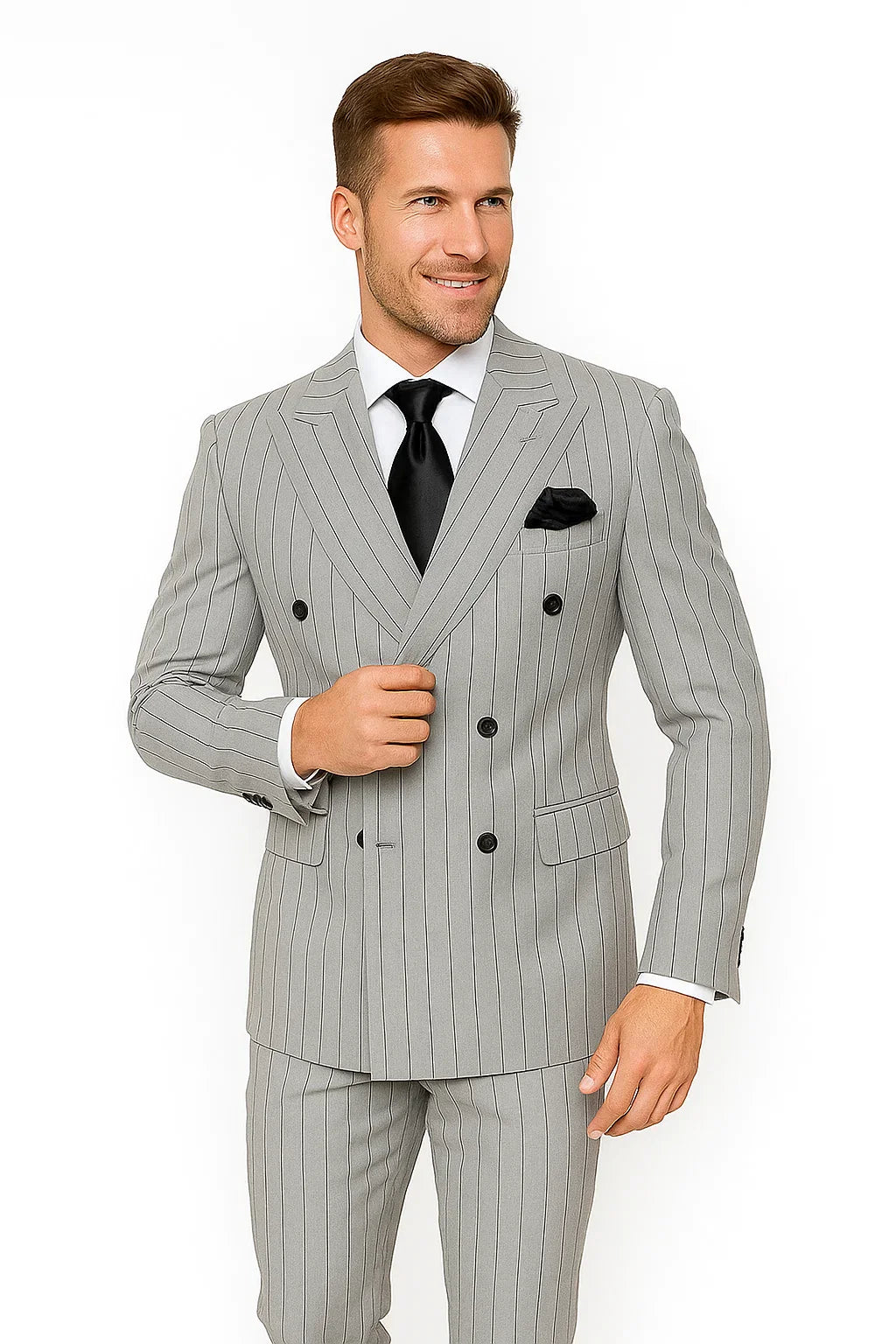 Gray and Black Pinstripe Modern Double Breasted Suit
