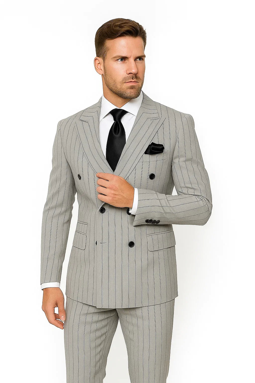 Gray and Black Pinstripe Modern Double Breasted Suit