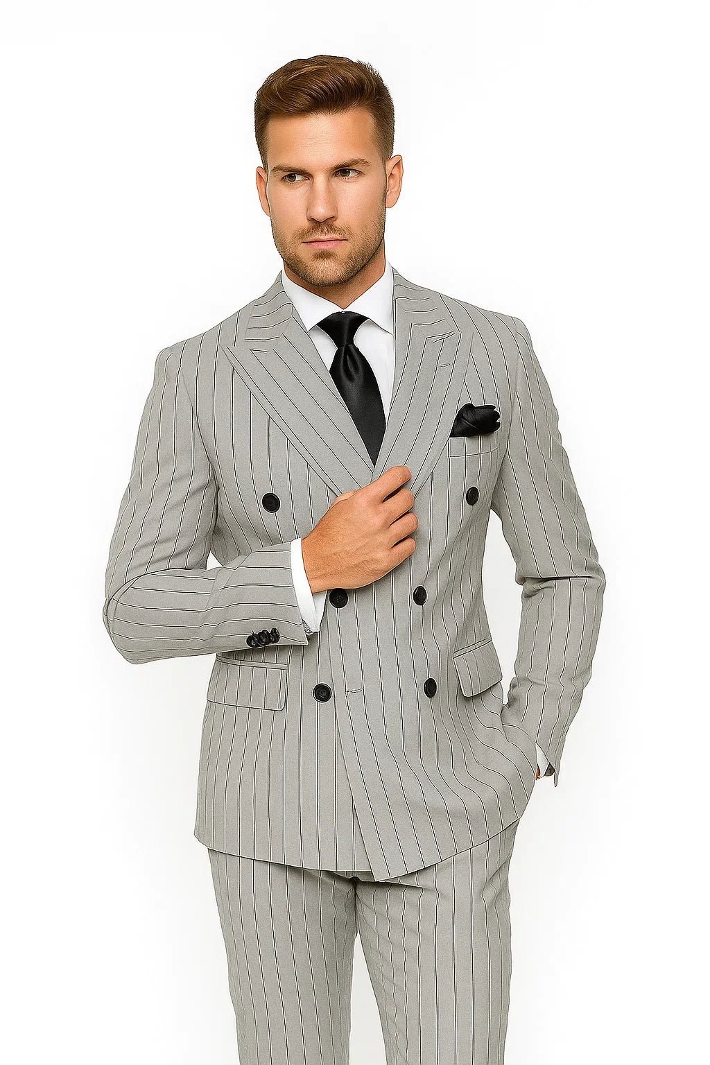 Gray and Black Pinstripe Modern Double Breasted Suit