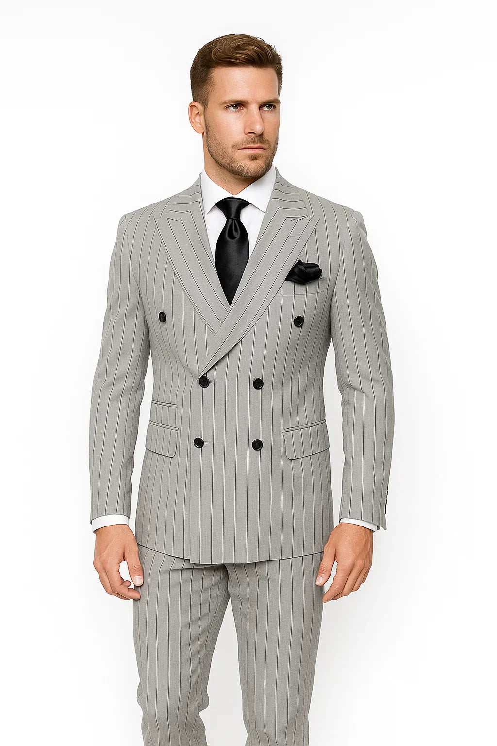 Gray and Black Pinstripe Modern Double Breasted Suit