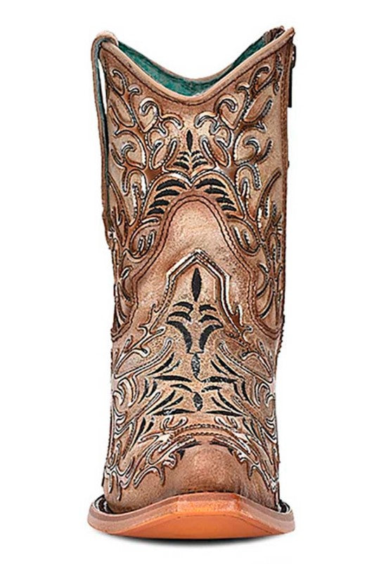 Tan Booties with Dark Embroidery & Mirror Overlay