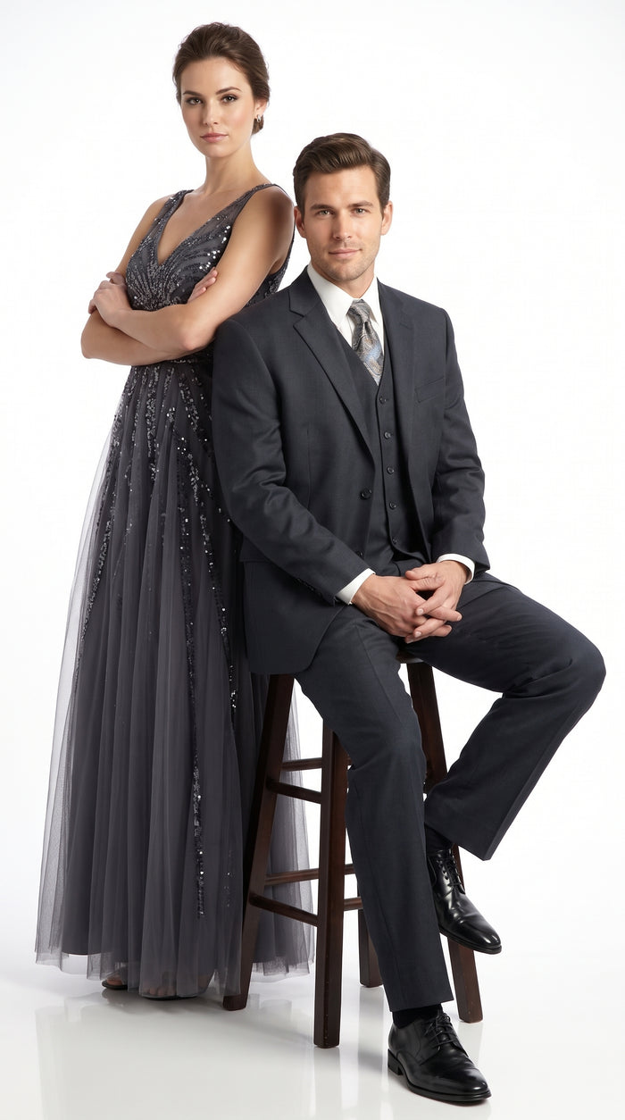 Men’s Charcoal 3 Piece Super 150s Italian Fabric Suit, 2 Button Classic Formal Dress Suit