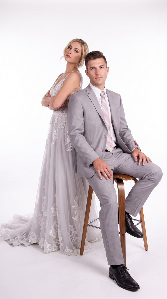 Tiglio Men’s Light Grey 2 Button Suit, High Quality Formal Wedding Business Dress Suit