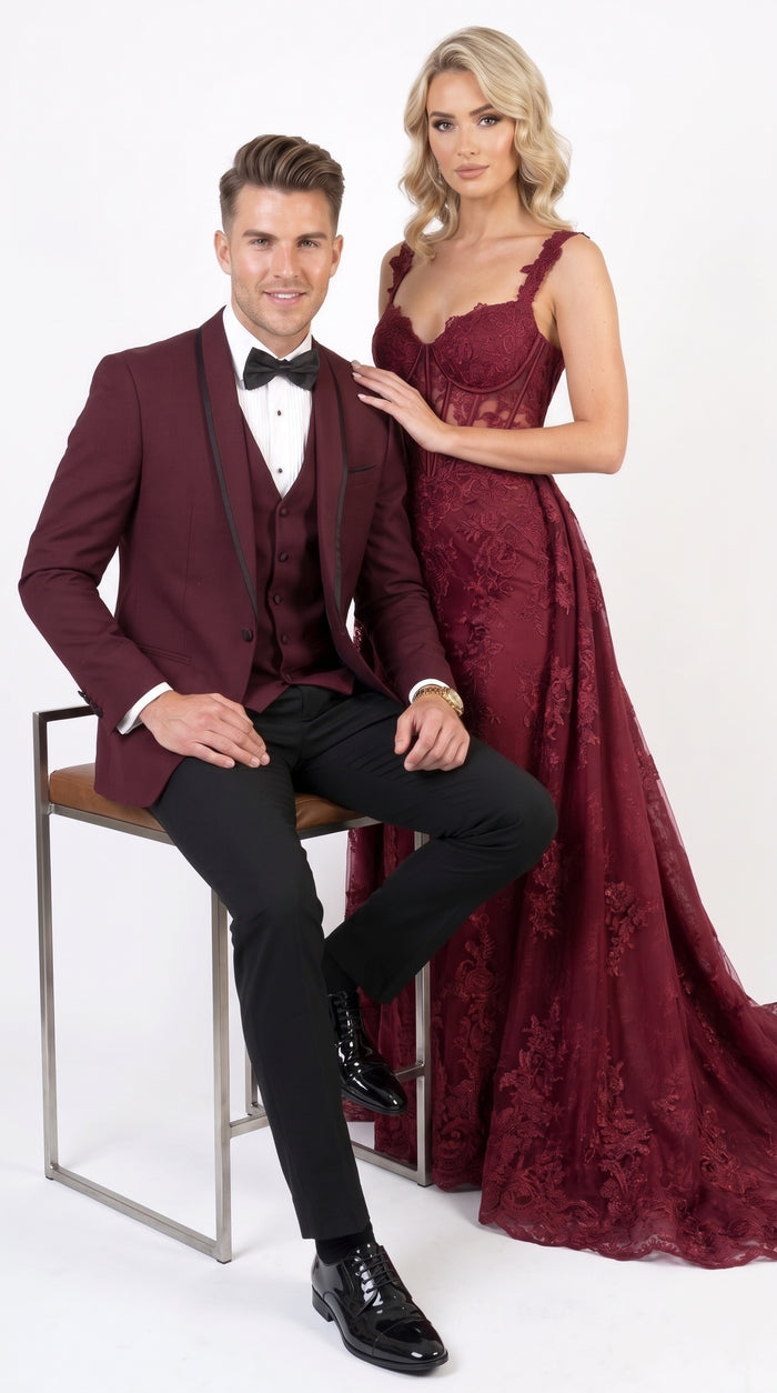 Men’s Burgundy and Black Wool Shawl Lapel Tuxedo Set – Formal Wedding Prom Dinner Suit