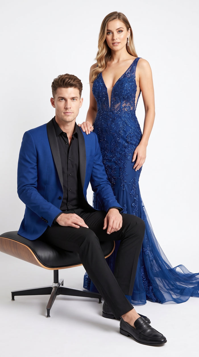 Men’s Blue 1 Button Blazer with Black Pants, Formal Prom Wedding Party Suit Set
