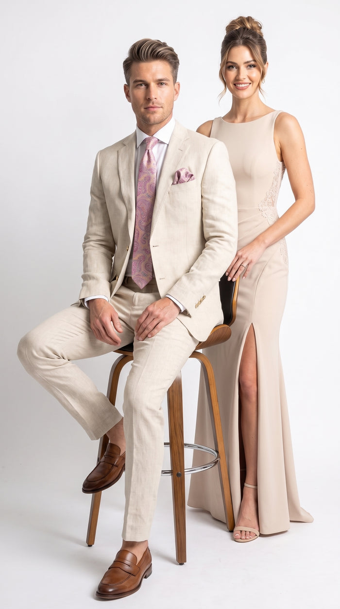 Men’s Natural Linen 2 Piece Suit, Two Button Regular Fit Summer Wedding Dress Suit