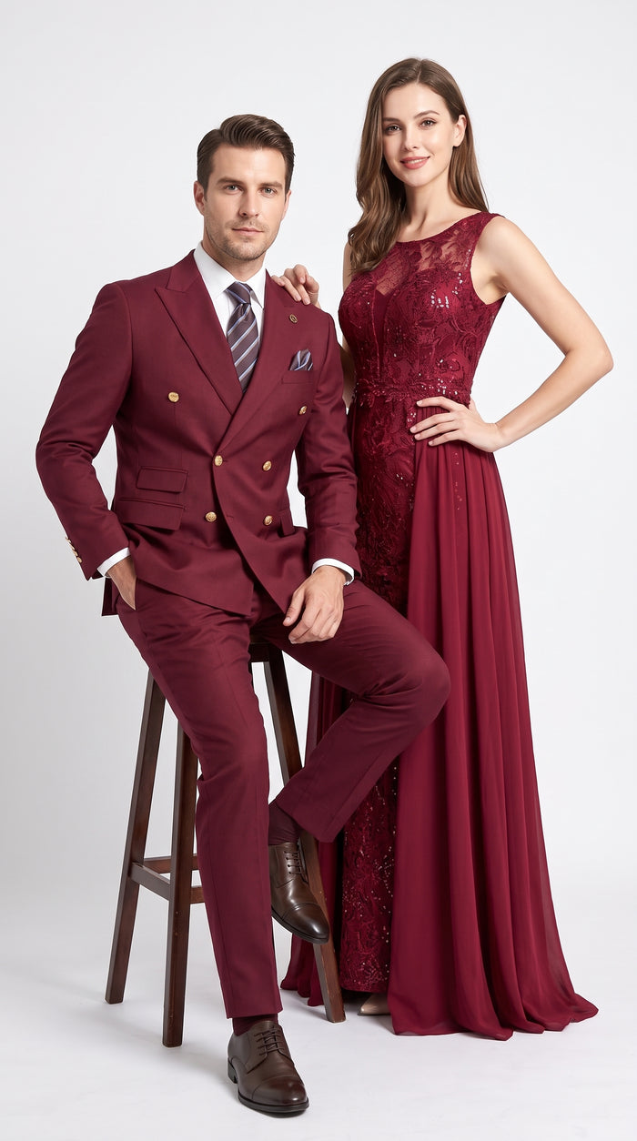 Men’s Burgundy Double Breasted Wool Suit with Gold Buttons, Modern Formal Wedding Business Suit