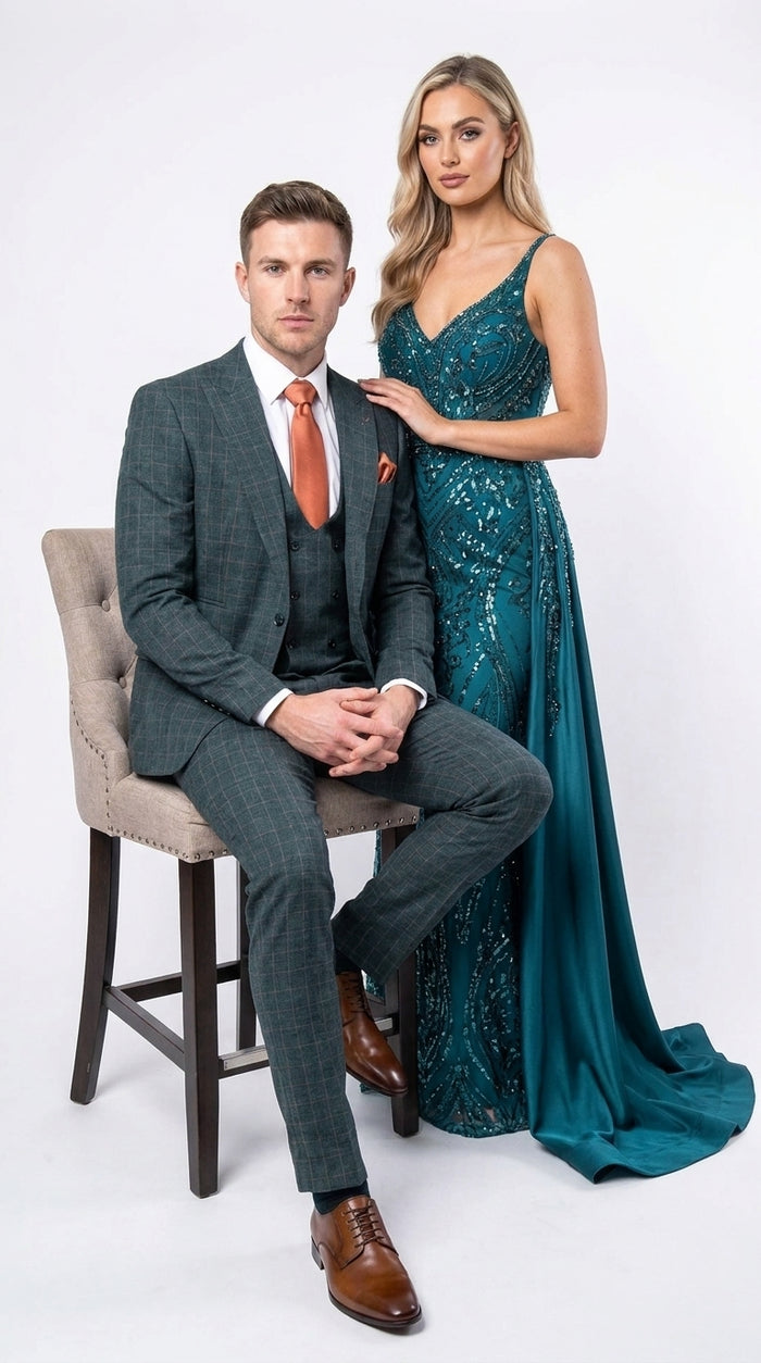 Rossi Man Max RM1788 Men’s Teal Plaid 3 Piece Suit, Slim Fit Formal Wedding Prom Dress Suit