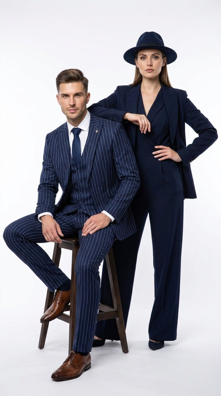 Men’s Navy Pinstripe 3 Piece Gangster Suit, Vintage 1920s Formal Dress Suit with Vest