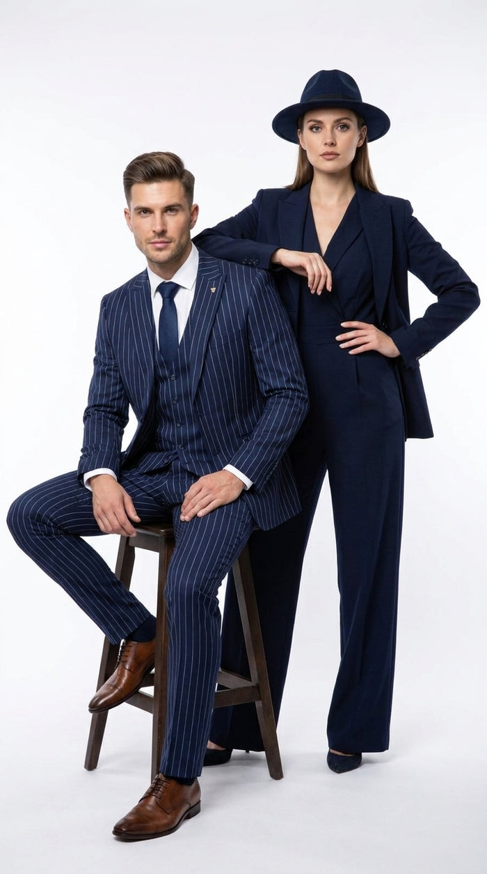 Men’s Navy Pinstripe 3 Piece Gangster Suit, Vintage 1920s Formal Dress Suit with Vest