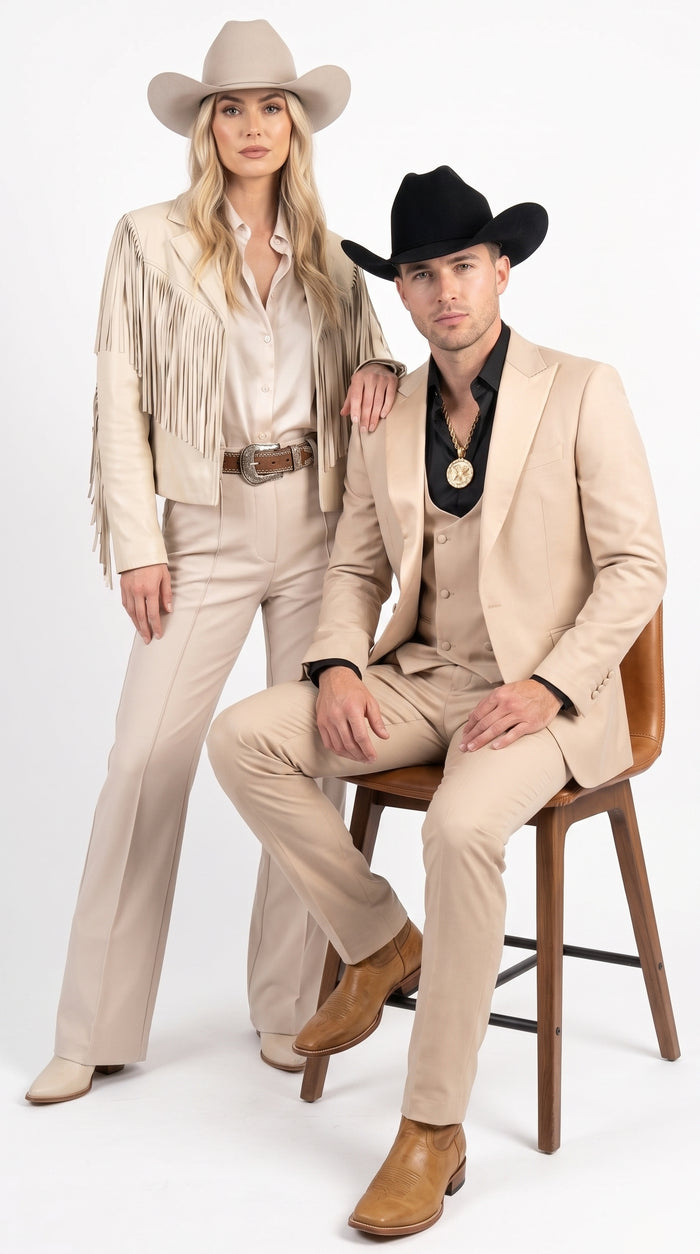 Men’s Light Beige Western 3 Piece Suit, Cowboy Tuxedo with Shawl Lapel Formal Wedding Outfit