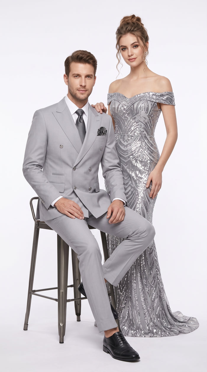 Rossi Man Men’s Silver Double Breasted Suit, Modern Fit Formal Wedding Prom Suit