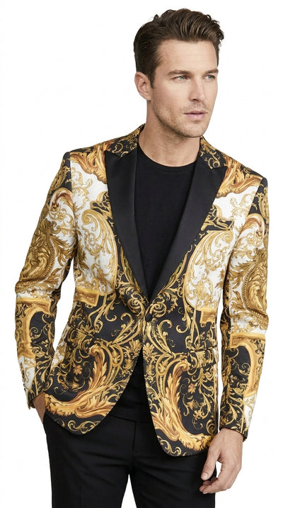 Men’s Black and Gold Baroque Blazer, Luxury Pattern Formal Party Sport Coat