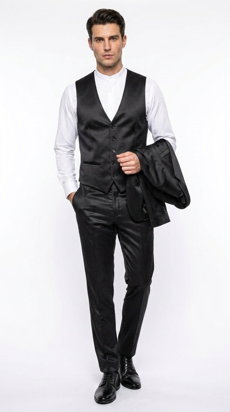 Men’s Black Satin 3 Piece Suit, Formal Wedding Prom Dress Suit with Vest