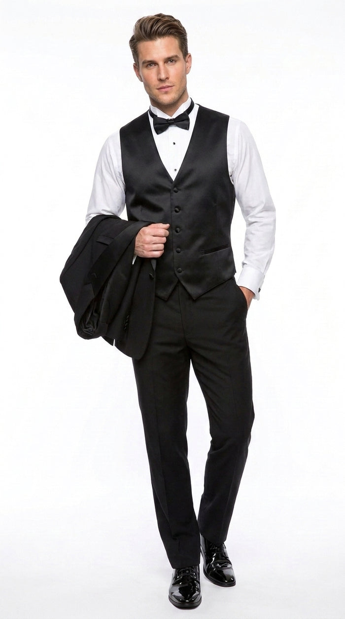 Men’s Black 1 Button Wide Satin Peak Lapel Tuxedo, Classic Formal Wedding Prom Suit