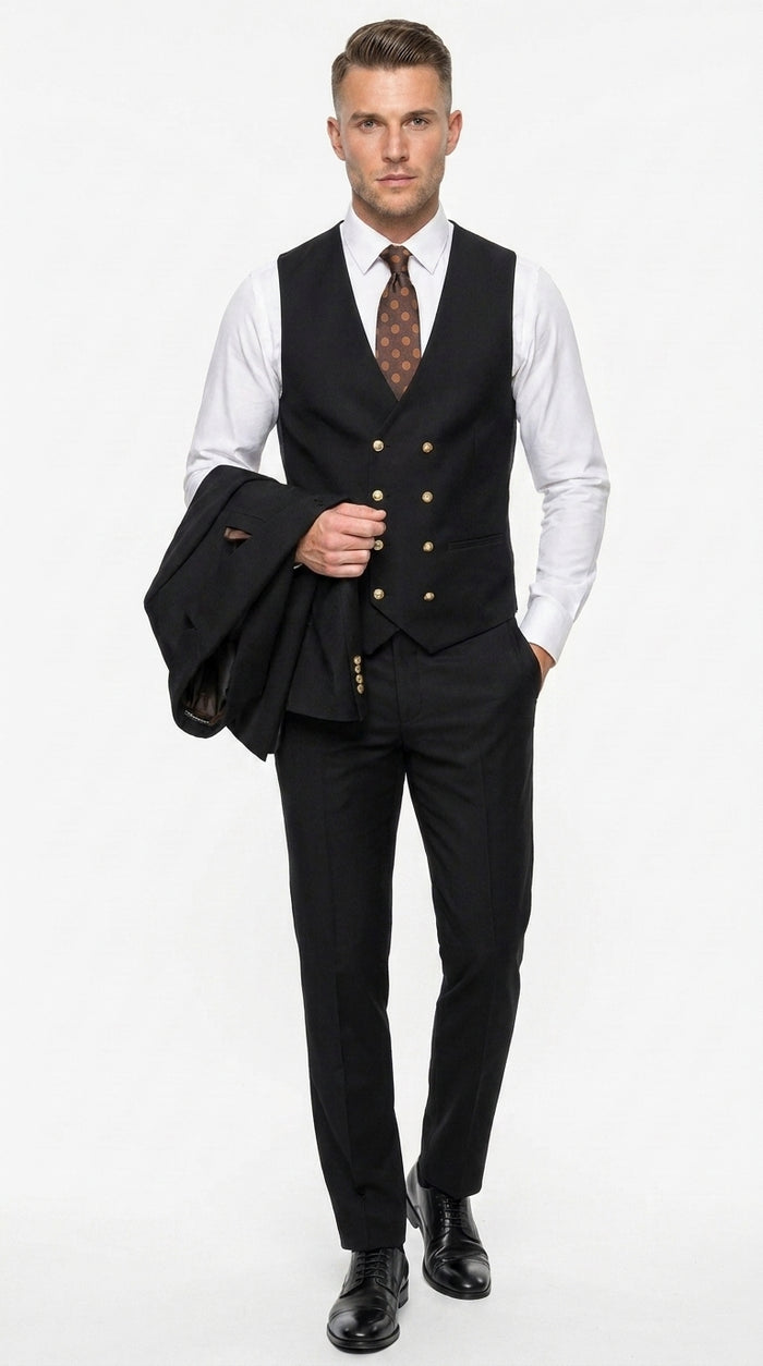 Men’s Black Wool Suit with Gold Buttons, One Button Formal Wedding Business Suit with Double Breasted Vest