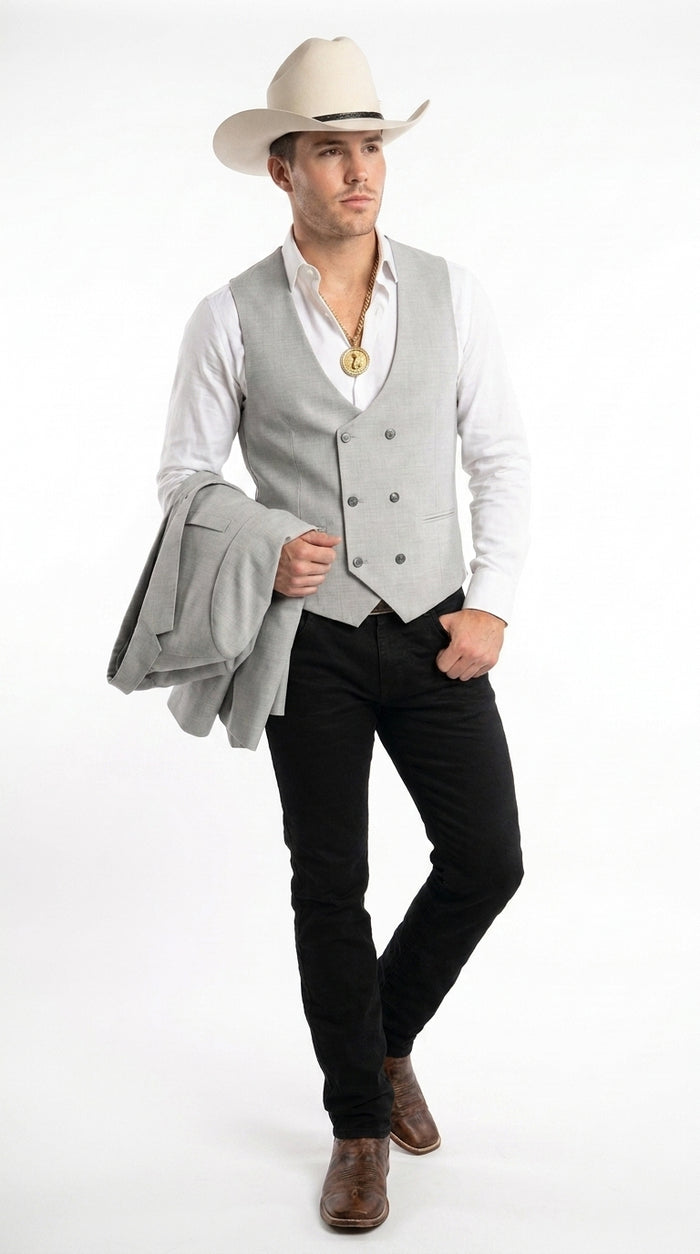 Men’s Light Gray Western Suit Blazer with Double-Breasted Vest, Modern Cowboy Formal Outfit