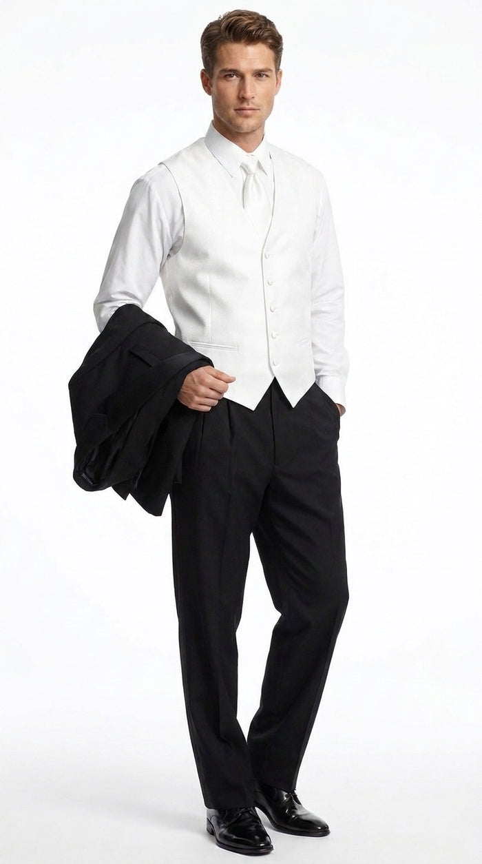 Men’s Black Super 120s Tuxedo Package Deal, 2 Button Formal Suit with White Shirt, Tie and Vest