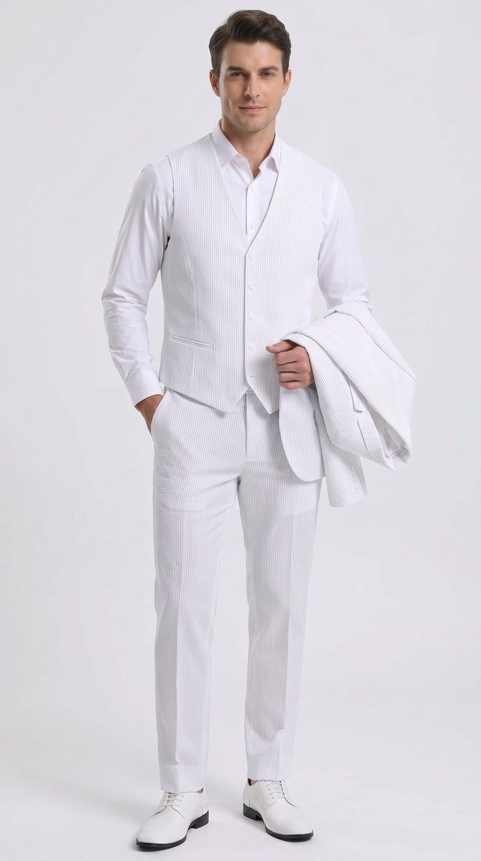 Men’s White Pinstripe Seersucker Summer Suit, Jacket and Pants Formal Wedding Beach Suit