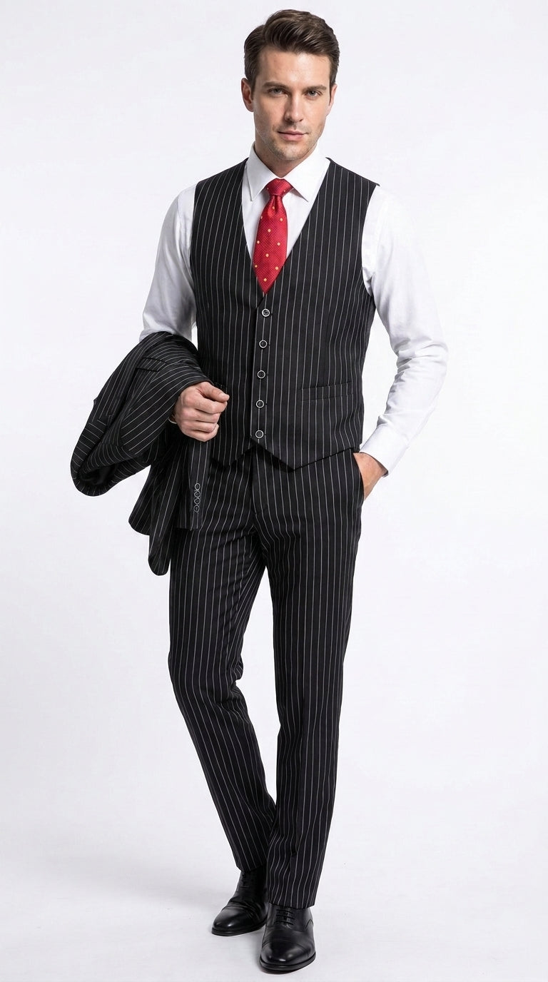 Men’s Black Pinstripe 1920s Gangster Suit with Vest, Formal Vintage Party Dress Suit