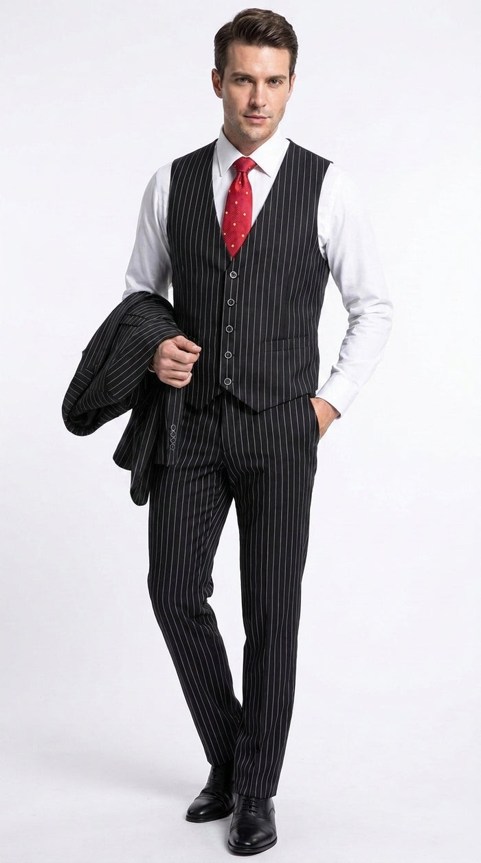 Men’s Black Pinstripe 1920s Gangster Suit with Vest, Formal Vintage Party Dress Suit