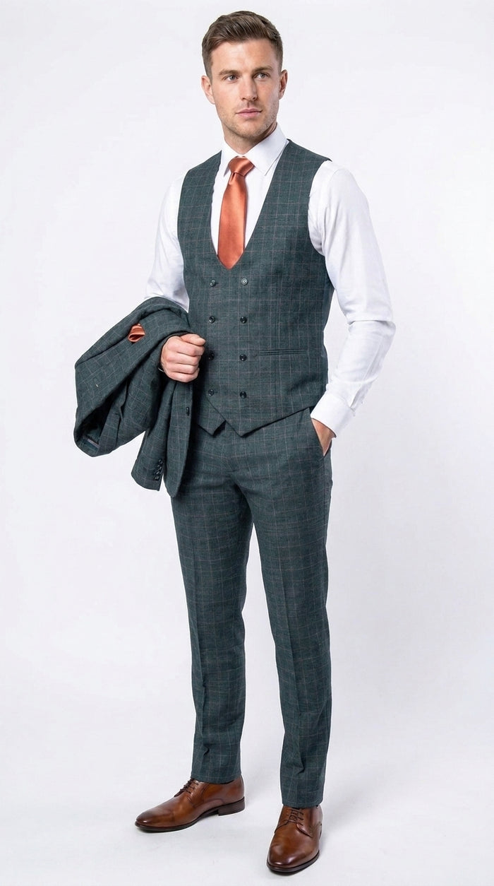 Rossi Man Max RM1788 Men’s Teal Plaid 3 Piece Suit, Slim Fit Formal Wedding Prom Dress Suit