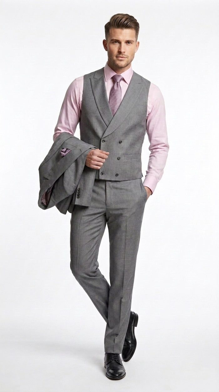Men’s Charcoal Grey 3 Piece Suit with Lapel Vest, Modern Formal Wedding Business Dress Suit