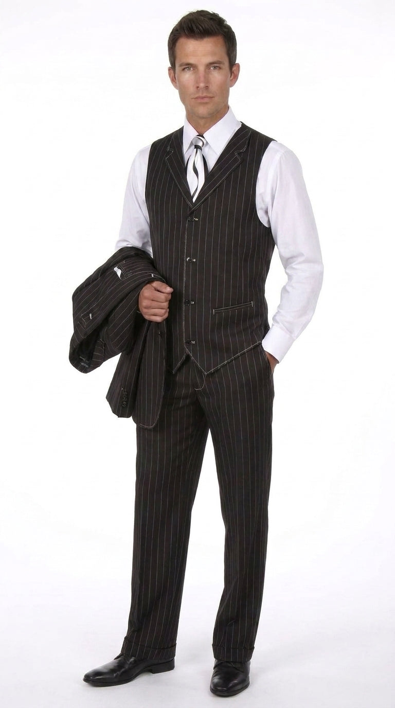 Men’s Big and Tall Black Pinstripe Suit, Plus Size 3 Piece Formal Wedding Business Suit