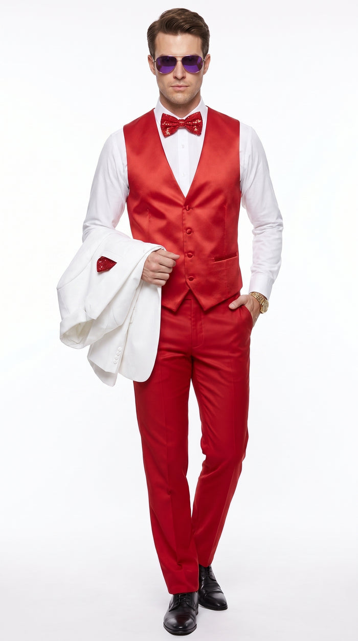 Men’s White and Red Tuxedo Wedding Suit Set, Formal Groom Prom Dinner Suit