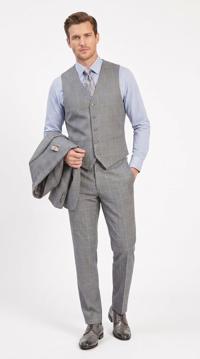Men’s Light Grey Windowpane Plaid Suit, 1920s Inspired 3 Piece Formal Wedding Dress Suit