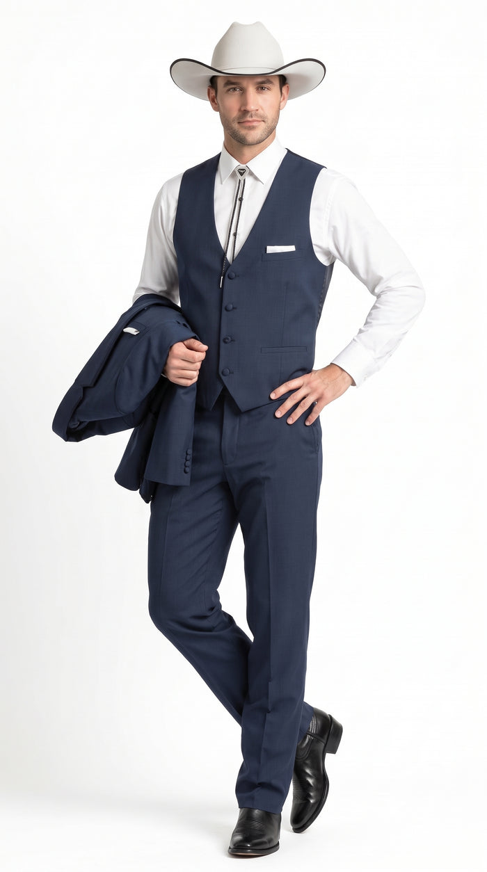 Men’s Navy Cowboy Tuxedo with Satin Lapel, Western Formal Wedding Suit with Vest