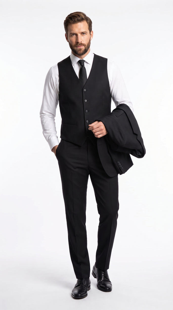 Men’s Black Modern Fit 3-Piece Suit – 2 Button Vested Wedding, Prom & Formal Suit
