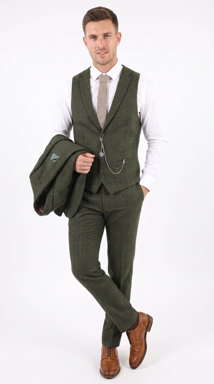Men’s Olive Wool Tweed 3 Piece Suit, Double Breasted Vest 1920s Vintage Formal Suit