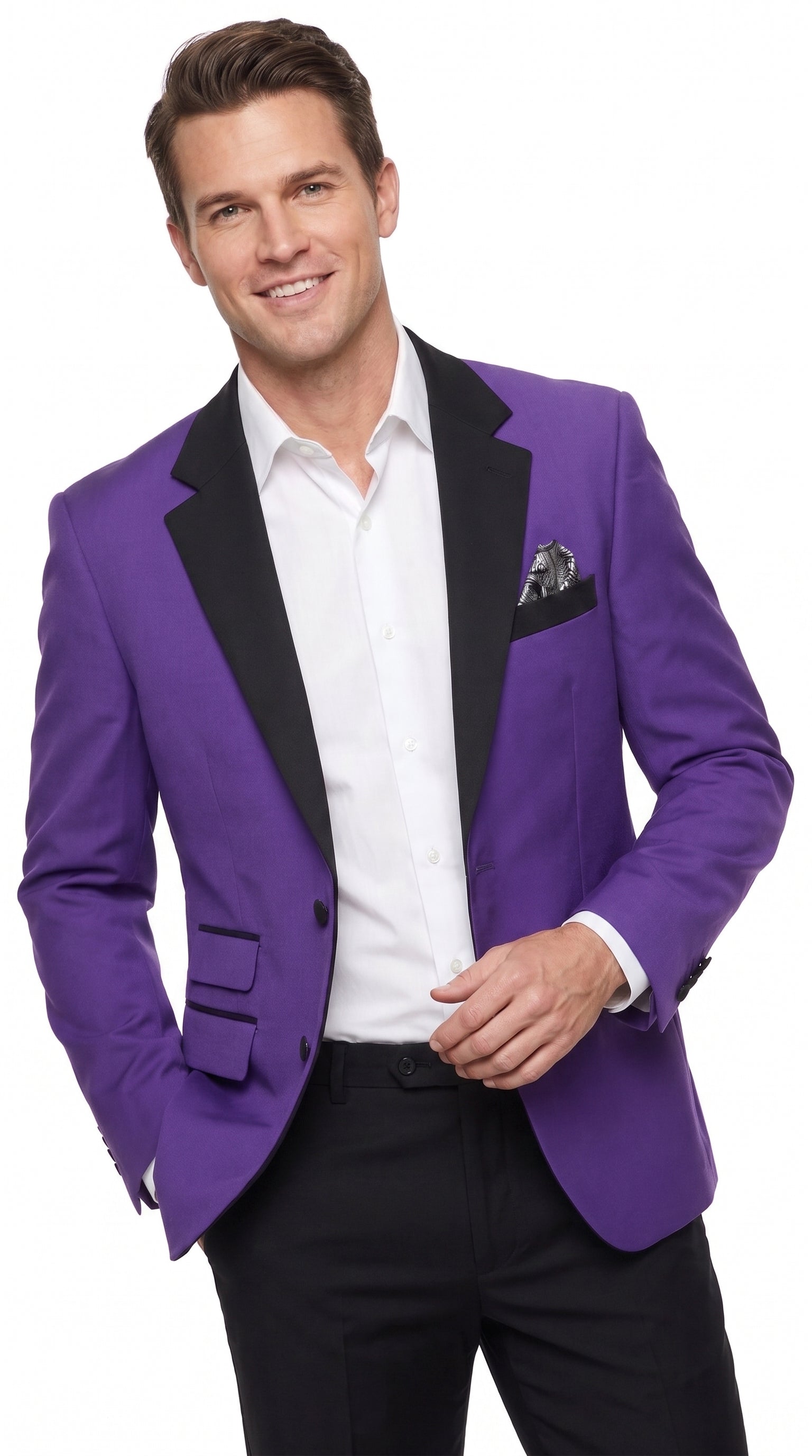 Men’s Purple Blazer with Black Lapel, Formal Dinner Jacket for Wedding Prom and Parties